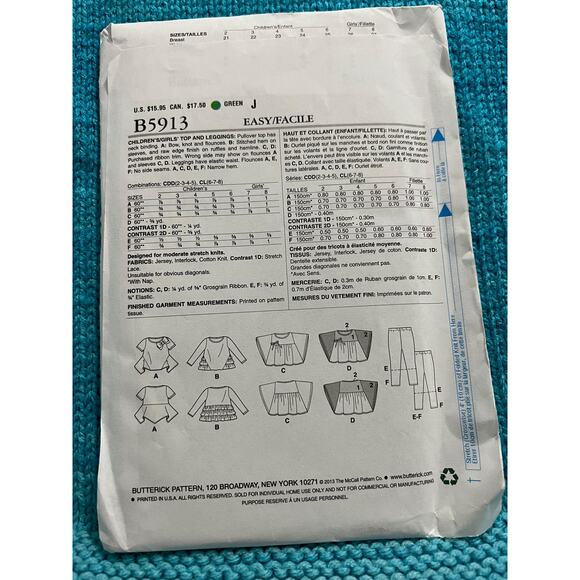 Butterick 5913 pattern kids girls top leggings size 6 7 8 - Picture 2 of 5